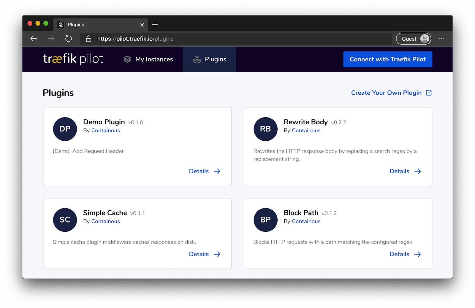 Traefik Pilot Plugins page