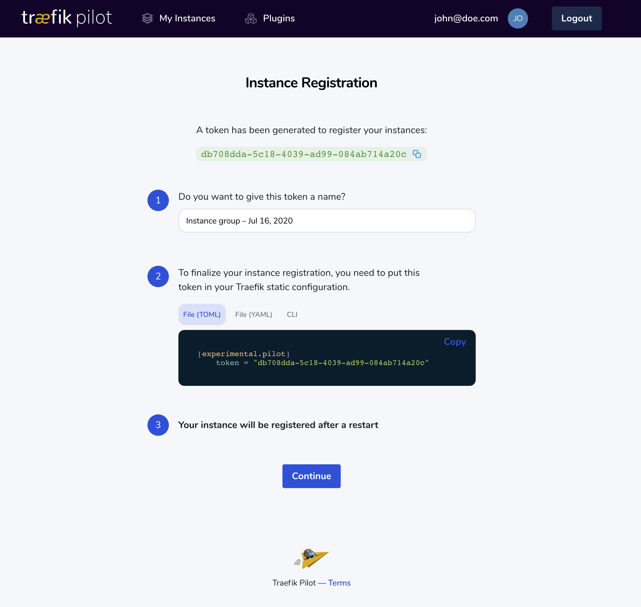 Traefik Pilot Instance Registration